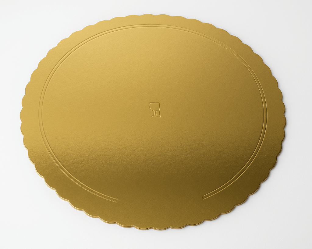 Prato dourado em cartolina com revestimento antigordura para bolos – Cafés Serrano