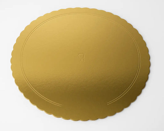 Prato dourado em cartolina com revestimento antigordura para bolos – Cafés Serrano