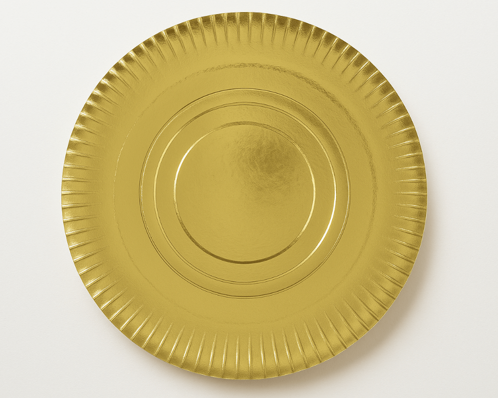 Prato dourado em cartolina com revestimento antigordura para bolos – Cafés Serrano
