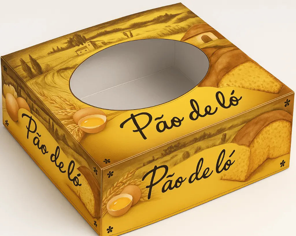 Caixa dourada para transporte de pão de ló – embalagem resistente Cafés Serrano