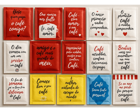 Pacotes de açúcar com frases inspiradoras – Cafés Serrano