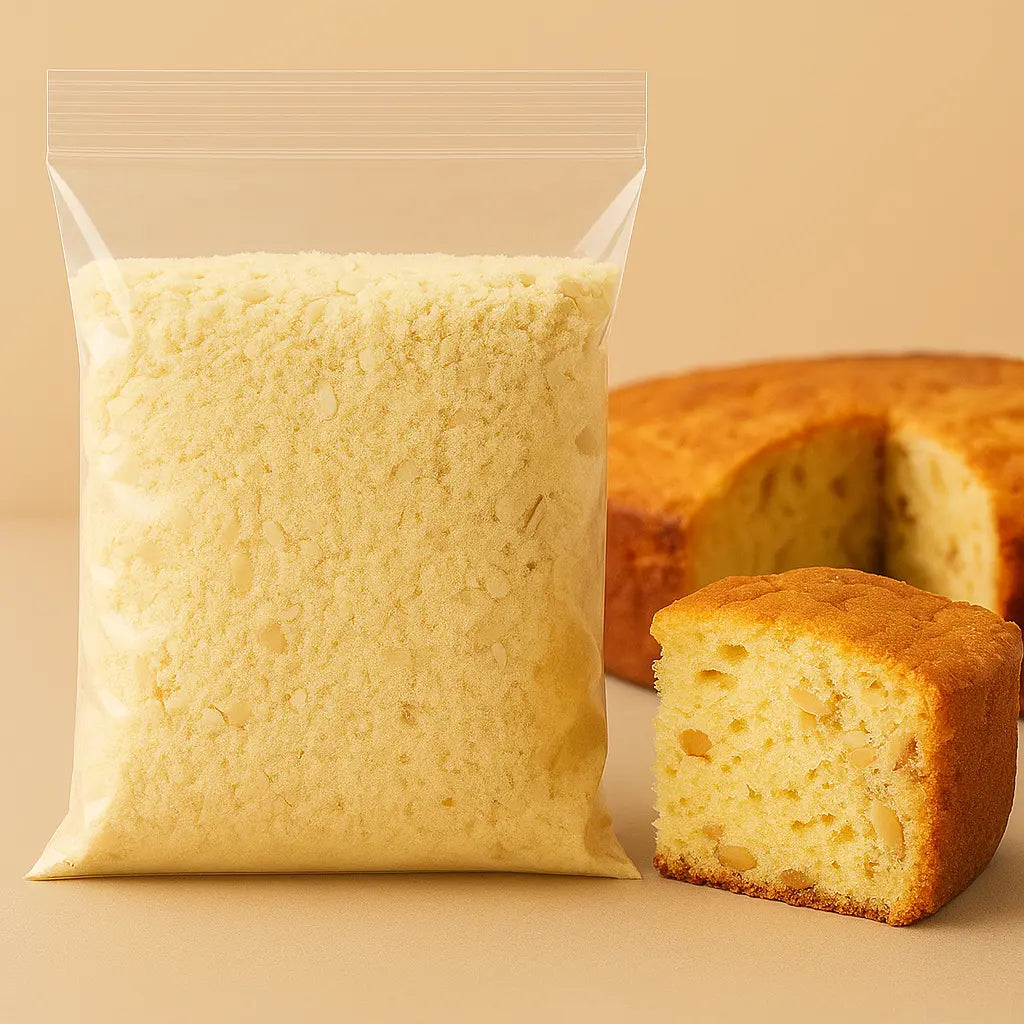 Preparado para bolo de fubá 550g ao lado de uma fatia de bolo fubá fofo e dourado.