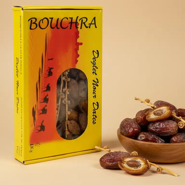 Caixa de tâmaras Deglet Nour com rama 1Kg